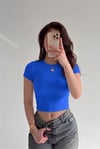 Kadın Saks Mavisi Bisiklet Yaka Kısa Kollu Fitilli Kaşkorse Crop Bluz