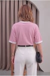 Kadın Şeker Pembe Beyaz Biye Garnili Orta Kalın Soft Kumaş Bisiklet Yaka Yarım Oversize Salaş T-shirt