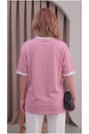 Kadın Şeker Pembe Beyaz Biye Garnili Orta Kalın Soft Kumaş Bisiklet Yaka Yarım Oversize Salaş T-shirt