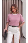Kadın Şeker Pembe Beyaz Biye Garnili Orta Kalın Soft Kumaş Bisiklet Yaka Yarım Oversize Salaş T-shirt