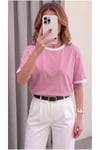 Kadın Şeker Pembe Beyaz Biye Garnili Orta Kalın Soft Kumaş Bisiklet Yaka Yarım Oversize Salaş T-shirt