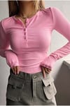 Kadın Şeker Pembe Renkli Düğme Detaylı Patlı Düğmeli Bisiklet Yaka Uzun Kollu Fitilli Kaşkorse Bluz Body