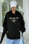 Kadın Siyah 1898 Brooklyn Baskılı 3 iplik Şardonlu Kapüşonlu Oversize Salaş Bol Kesim Hoodie Sweatshirt