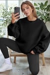 Kadın Siyah Basic 0 Sıfır Yaka Baskısız Düz Oversize Salaş Bol Kesim Polar Sweatshirt
