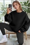 Kadın Siyah Basic 0 Sıfır Yaka Baskısız Düz Oversize Salaş Bol Kesim Polar Sweatshirt