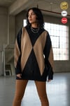 Kadın Siyah Bej Büyük Baklava Desen Tunik S-M-L Beden Uyumlu Oversize Uzun Tunik Triko Kazak