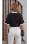 Kadın Siyah Beyaz Biye Garnili Orta Kalın Kumaş Bisiklet Yaka Yarım Oversize Salaş T-shirt