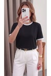 Kadın Siyah Beyaz Biye Garnili Orta Kalın Kumaş Bisiklet Yaka Yarım Oversize Salaş T-shirt