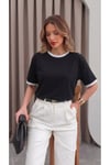 Kadın Siyah Beyaz Biye Garnili Orta Kalın Kumaş Bisiklet Yaka Yarım Oversize Salaş T-shirt