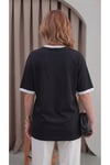 Kadın Siyah Beyaz Biye Garnili Orta Kalın Kumaş Bisiklet Yaka Yarım Oversize Salaş T-shirt