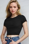 Kadın Siyah Bisiklet Yaka Kısa Kollu Fitilli Kaşkorse Crop Bluz