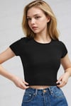 Kadın Siyah Bisiklet Yaka Kısa Kollu Fitilli Kaşkorse Crop Bluz