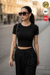 Kadın Siyah Bisiklet Yaka Likralı Kısa Kol Body Crop T-Shirt