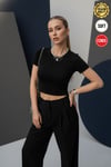 Kadın Siyah Bisiklet Yaka Likralı Kısa Kol Body Crop Bluz