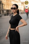 Kadın Siyah Bisiklet Yaka Likralı Kısa Kol Body Crop T-Shirt
