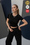Kadın Siyah Bisiklet Yaka Likralı Kısa Kol Body Crop Bluz