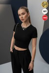 Kadın Siyah Bisiklet Yaka Likralı Kısa Kol Body Crop Bluz
