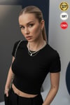 Kadın Siyah Bisiklet Yaka Likralı Kısa Kol Body Crop Bluz