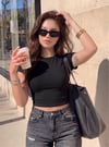 Kadın Siyah Bisiklet Yaka Likralı Kısa Kol Body Crop Bluz