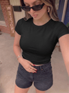 Kadın Siyah Bisiklet Yaka Likralı Kısa Kol Body Crop T-Shirt