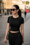 Kadın Siyah Bisiklet Yaka Likralı Kısa Kol Body Crop T-Shirt
