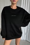 Kadın Siyah Dreamer Baskılı 0 Sıfır Yaka Oversize Salaş Bol Kesim Polar Sweatshirt