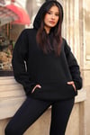Kadın Siyah Düz Kapüşonlu Oversize 3 iplik Şardonlu Salaş Bol Kesim Hoodie Sweatshirt
