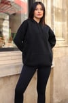 Kadın Siyah Düz Kapüşonlu Oversize 3 iplik Şardonlu Salaş Bol Kesim Hoodie Sweatshirt