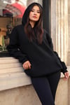 Kadın Siyah Düz Kapüşonlu Oversize 3 iplik Şardonlu Salaş Bol Kesim Hoodie Sweatshirt