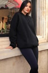 Kadın Siyah Düz Kapüşonlu Oversize 3 iplik Şardonlu Salaş Bol Kesim Hoodie Sweatshirt
