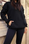 Kadın Siyah Düz Kapüşonlu Oversize 3 iplik Şardonlu Salaş Bol Kesim Hoodie Sweatshirt