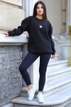 Kadın Siyah Free Life Baskılı 0 Sıfır Yaka Oversize Salaş Bol Kesim Polar Sweatshirt