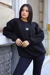Kadın Siyah Free Life Baskılı 0 Sıfır Yaka Oversize Salaş Bol Kesim Polar Sweatshirt