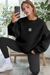 Kadın Siyah Free Life Baskılı 0 Sıfır Yaka Oversize Salaş Bol Kesim Polar Sweatshirt