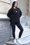 Kadın Siyah Free Life Baskılı 0 Sıfır Yaka Oversize Salaş Bol Kesim Polar Sweatshirt