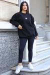 Kadın Siyah Free Life Baskılı 0 Sıfır Yaka Oversize Salaş Bol Kesim Polar Sweatshirt