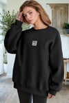 Kadın Siyah Free Life Baskılı 0 Sıfır Yaka Oversize Salaş Bol Kesim Polar Sweatshirt