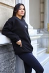 Kadın Siyah Free Life Baskılı 0 Sıfır Yaka Oversize Salaş Bol Kesim Polar Sweatshirt