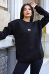 Kadın Siyah Free Life Baskılı 0 Sıfır Yaka Oversize Salaş Bol Kesim Polar Sweatshirt