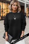 Kadın Siyah Geometrik Geyik Baskılı Kalın Soft 3 İplik Şardonlu 0 Sıfır Yaka Oversize Salaş Sweat