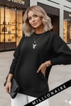 Kadın Siyah Geometrik Geyik Baskılı Kalın Soft 3 İplik Şardonlu 0 Sıfır Yaka Oversize Salaş Sweat