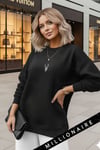 Kadın Siyah Geometrik Geyik Baskılı Kalın Soft 3 İplik Şardonlu 0 Sıfır Yaka Oversize Salaş Sweat