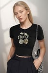 Kadın Siyah Kiraz Leopar Desenli Bisiklet Yaka Likralı Kısa Kol Body Crop Bluz
