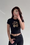 Kadın Siyah Kiraz Leopar Desenli Bisiklet Yaka Likralı Kısa Kol Body Crop Bluz