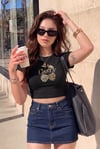 Kadın Siyah Kiraz Leopar Desenli Bisiklet Yaka Likralı Kısa Kol Body Crop Bluz
