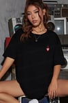 Kadın Siyah Kupa As Kuru Kafa Oversize Fit Bol Geniş Kalıp Salaş Kesim T-shirt