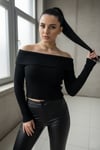 Kadın Siyah Madonna Yarı Crop Fitilli Bluz Kazak