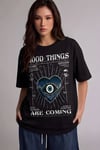 Kadın Siyah Nazar Baskılı Oversize Fit Bol Geniş Kalıp Salaş Kesim T-shirt