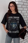Kadın Siyah Nazar Baskılı Oversize Fit Bol Geniş Kalıp Salaş Kesim T-shirt