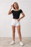 Kadın Siyah Renkli Kayık Yaka Vücuda Oturan Basic Esnek Crop Bluz